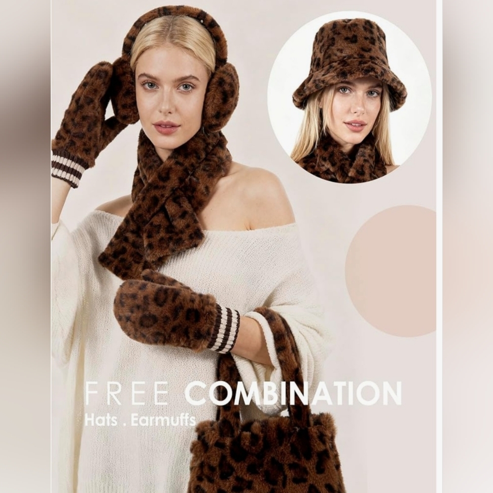 Leopard Print Faux Fur Hat & Accessory Set - Brown - Picture 5 of 9